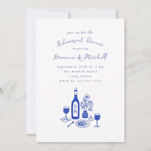 ブルーインクハンドドローお洒落ドリハーサルディナー 招待状 (正面)