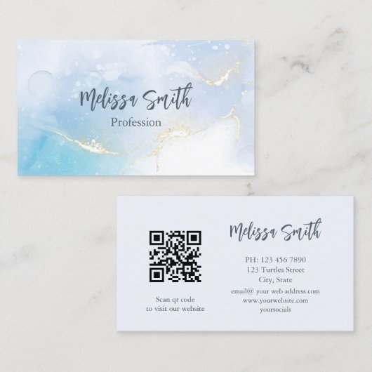 ブルーインク水色金ゴールドアガテスキャンQRコード 名刺 (正面/裏面)