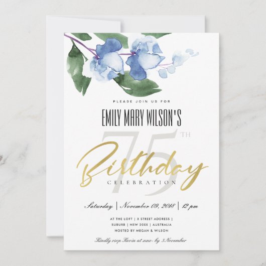 ブルーインク洗浄水色フローラ任意の年齢誕生日 招待状 (正面)