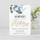 ブルーインク洗浄水色フローラ任意の年齢誕生日 招待状 (スタンド正面)