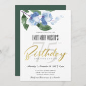 ブルーインク洗浄水色フローラ任意の年齢誕生日 招待状 (正面/裏面)