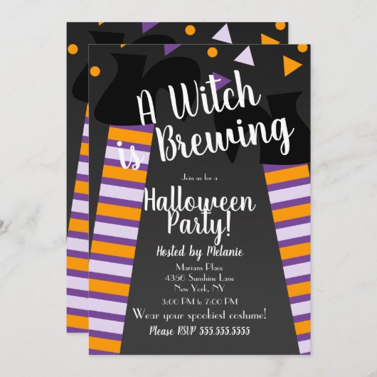 ブルーイングウィッチ足ハローウィンパーティ誕生日 招待状 (正面/裏面)