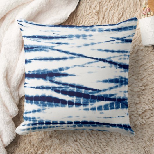 ブルーインジゴ絞り染め絞りストライプ投げ枕 クッション (ブランケット)