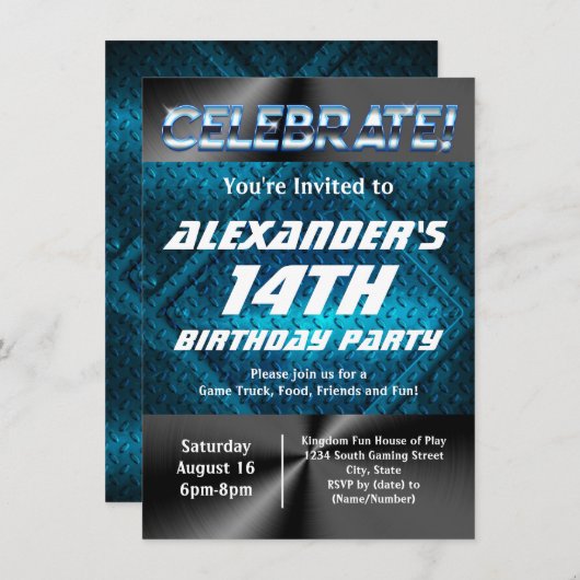 ブルーインダストリ10代のアルトゥイーンボーイズ誕生日 招待状 (正面/裏面)