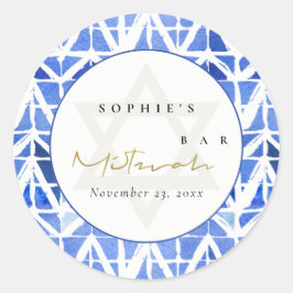 ブルーインディゴウォーターカラーシェブロンバーバルミツワー ラウンドシール