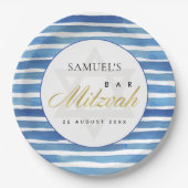 ブルーインディゴウォーターカラーストライプバーバルミツワー ペーパープレート (正面)