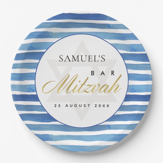 ブルーインディゴウォーターカラーストライプバーバルミツワー ペーパープレート (正面)
