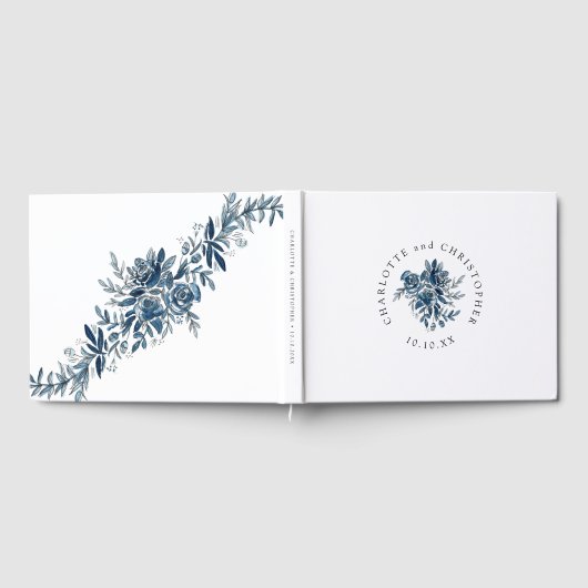 ブルーインディゴウォーターカラーフローラライン結婚アート ゲストブック (全面)