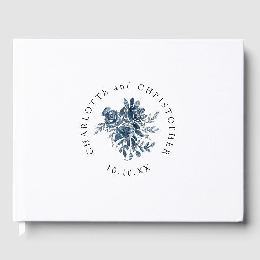 ブルーインディゴウォーターカラーフローラライン結婚アート ゲストブック (正面)