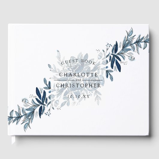 ブルーインディゴウォーターカラーフローラライン結婚アート ゲストブック (正面)