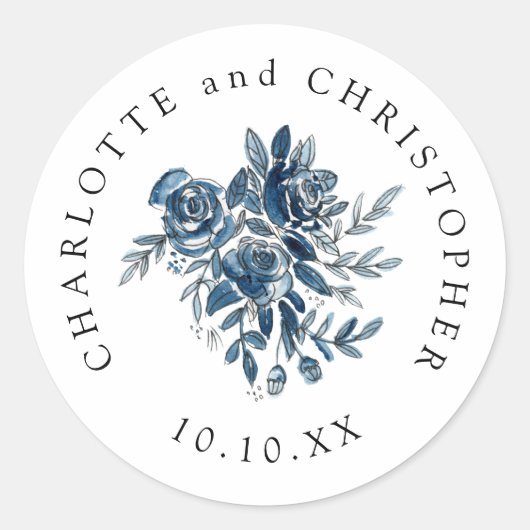 ブルーインディゴウォーターカラーフローラライン結婚アート ラウンドシール (正面)