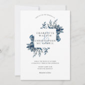 ブルーインディゴウォーターカラーフローラライン結婚アート 招待状 (正面)