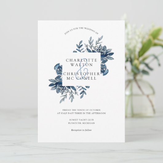 ブルーインディゴウォーターカラーフローラライン結婚アート 招待状 (スタンド正面)