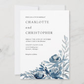 ブルーインディゴウォーターカラーフローラライン結婚アート 招待状 (正面)
