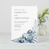 ブルーインディゴウォーターカラーフローラライン結婚アート 招待状 (スタンド正面)