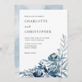 ブルーインディゴウォーターカラーフローラライン結婚アート 招待状 (正面/裏面)