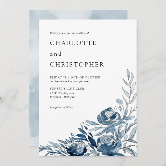 ブルーインディゴウォーターカラーフローラライン結婚アート 招待状 (正面/裏面)