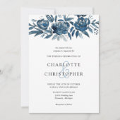 ブルーインディゴウォーターカラーフローラライン結婚アート 招待状 (正面)