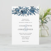 ブルーインディゴウォーターカラーフローラライン結婚アート 招待状 (スタンド正面)