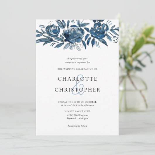ブルーインディゴウォーターカラーフローラライン結婚アート 招待状 (スタンド正面)