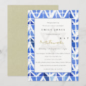 ブルーインディゴシェブロン柄こうもりバー(ユダヤ教の)バル・ミツバー招待状 サンキューカード (正面/裏面)