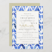 ブルーインディゴシェブロン柄こうもりバー(ユダヤ教の)バル・ミツバー招待状 サンキューカード (正面/裏面)