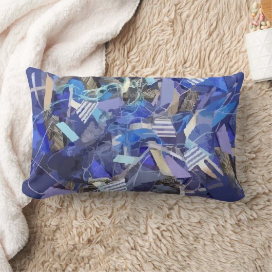 ブルーインディゴホワイトグレー抽象芸術幾何ストライプ ランバークッション (ブランケット)