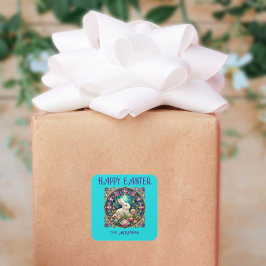 ブルーイースターバニーアールヌーボーステンドグラス スクエアシール