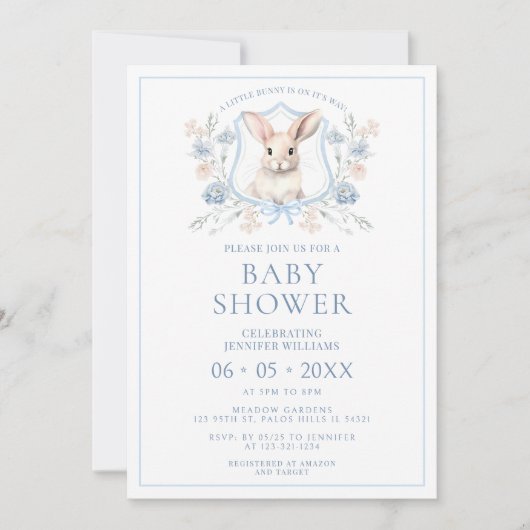 ブルーイースターバニークレストフローラ男の赤ちゃんシャワー 招待状 (正面)