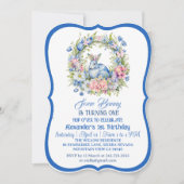 ブルーイースターバニーピンクフローラリース1st誕生日 招待状 (正面)