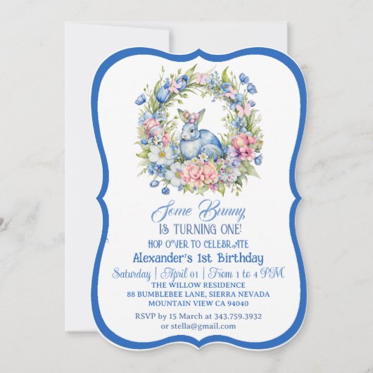 ブルーイースターバニーピンクフローラリース1st誕生日 招待状 (正面)