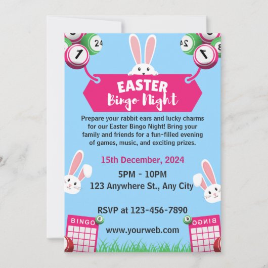 ブルーイースター図解入りの、写真付きのビンゴナイト招待状 招待状 (正面)