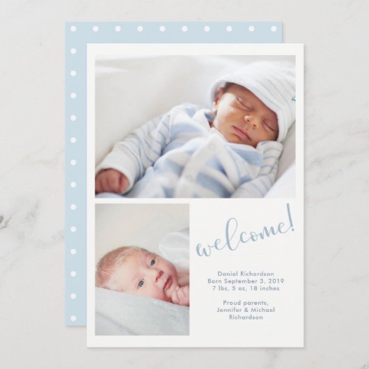 ブルーウィムシー |写真2枚のベビー誕生のお知らせ 案内状 (正面/裏面)