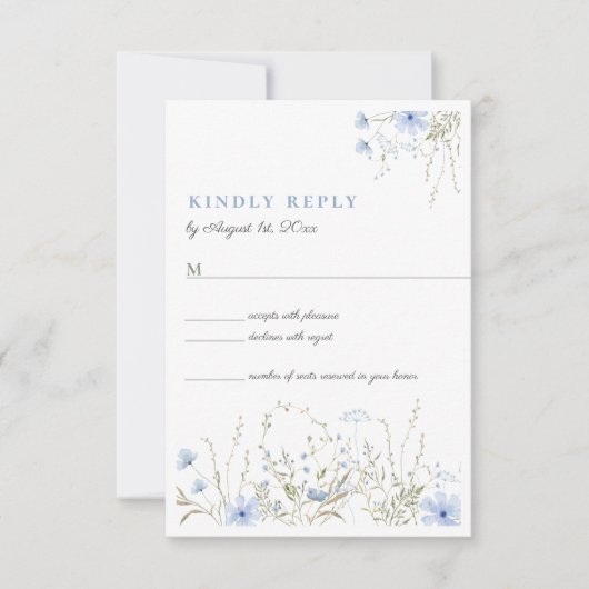 ブルーウィルドフラワーのツルニチソウの結婚式RSVPカード 出欠カード (正面)