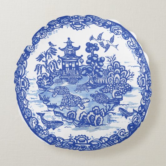 ブルーウィローアイルオブタートルズガーデお洒落ン ラウンドクッション (正面)