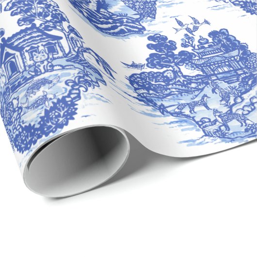 ブルーウィローアニマルウサギ鹿キツネトワールユニーク ラッピングペーパー (ロールコーナー)