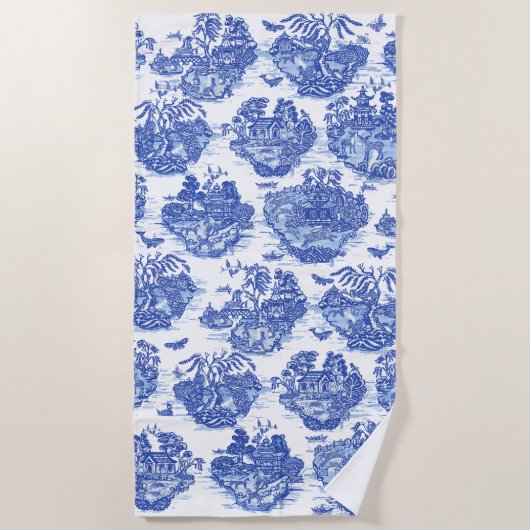 ブルーウィローアニマルウサギ鹿キツネバードトイレアート  ビーチタオル (正面)