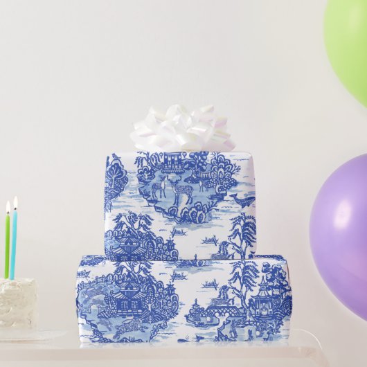 ブルーウィローアニマルウサギ鹿キツネバードトイレアート ラッピングペーパー (パーティーギフト)