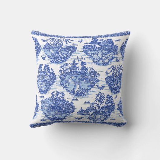 ブルーウィローアニマルパゴダアジアヴィンテージオリエンタル クッション (裏面)