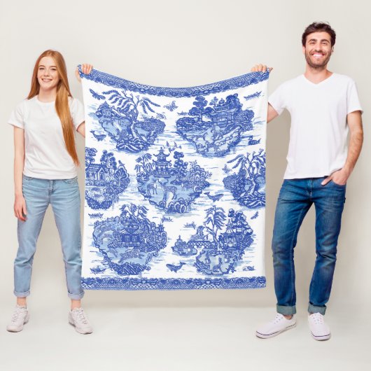 ブルーウィローアニマルパゴダアジアヴィンテージパターンFl フリースブランケット (インサイチュ)
