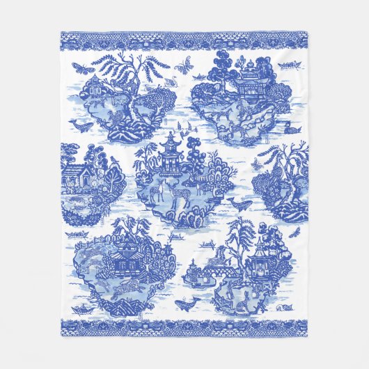 ブルーウィローアニマルパゴダアジアヴィンテージパターンFl フリースブランケット (正面)