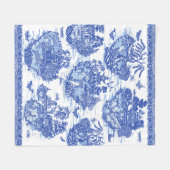 ブルーウィローアニマルパゴダアジアヴィンテージパターンFl フリースブランケット (正面(横))