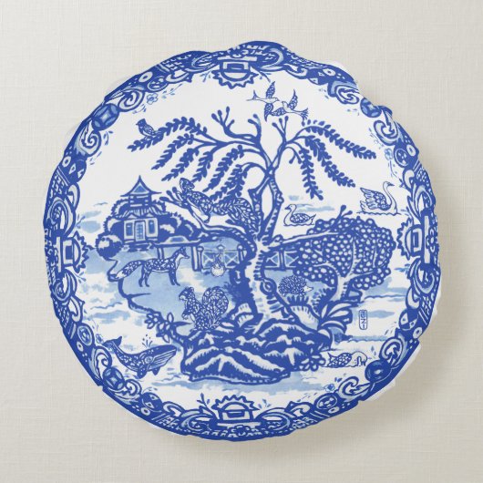 ブルーウィローアニマルパゴダガーデンシーンチノセリエ ラウンドクッション (裏面)