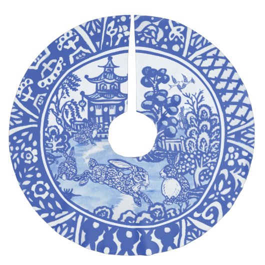 ブルーウィローオリエンタルお洒落ラビットブルー&ホワイト ブラッシュドポリエステルツリースカート (正面)