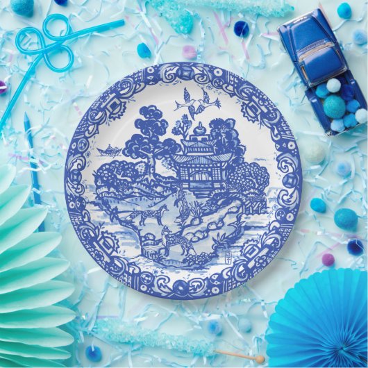 ブルーウィローキツネアイランドアジアテンプルガーデンアート ペーパープレート (パーティー)