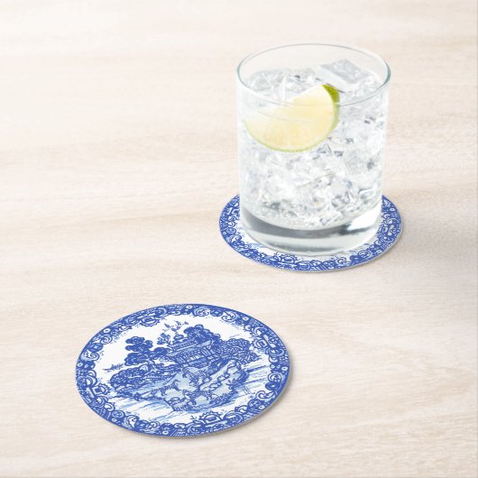 ブルーウィローキツネキツネフローラアンティークパゴダバード ラウンドペーパーコースター (インサイチュ)