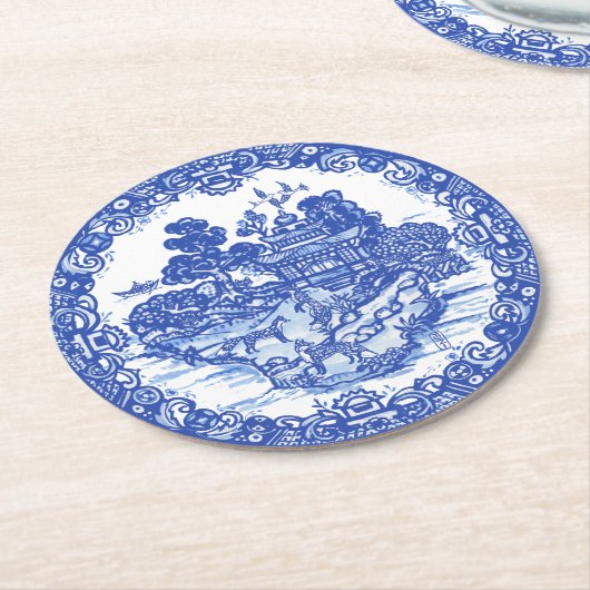 ブルーウィローキツネキツネフローラアンティークパゴダバード ラウンドペーパーコースター (アングル)