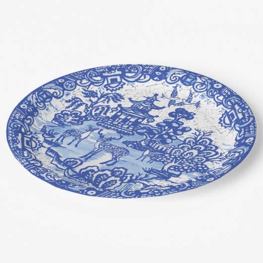 ブルーウィローディアアジア寺院のガーデンクラックルルルック ペーパープレート (アングル)