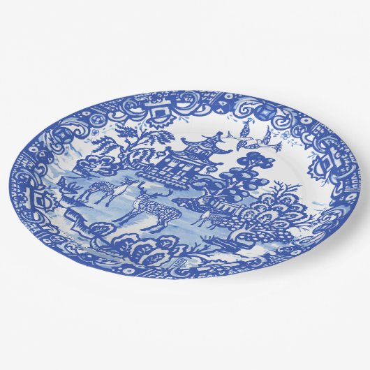 ブルーウィローディアアジア寺院ガーデンアート ペーパープレート (アングル)