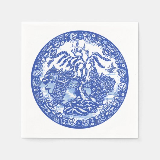ブルーウィローピーコックアイランドアジアテンプルガーデンアート スタンダードカクテルナプキン (正面)